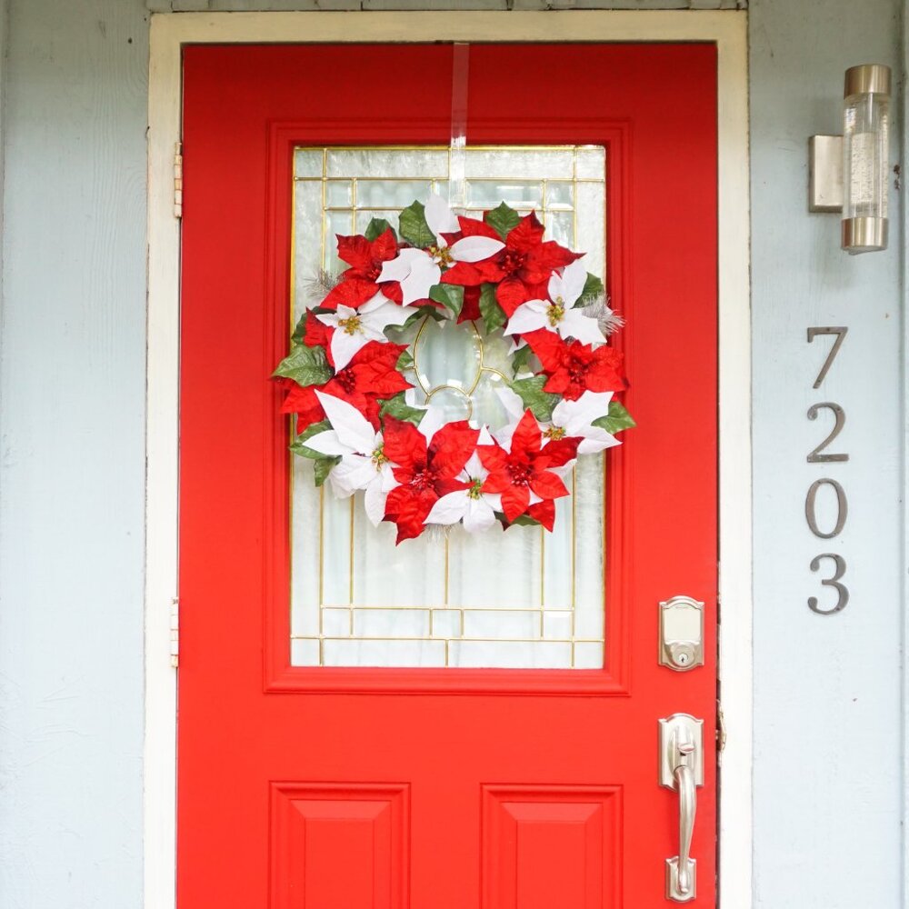 Red and White Poinsettia Christmas Wreath with Green Leaves